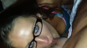 Lusty nerdy girl opens her mouth to be fed with delicious gooey spunk