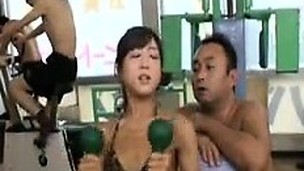 Asian chick works out in her leopard bikini and gets grope