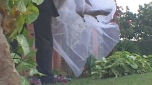 Outdoor arsehole fucking with raunchy shemale bride and her horny groom