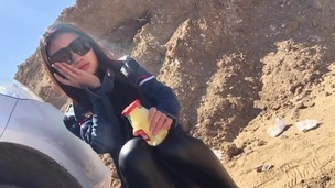 Horny legal age teenager in sunglasses getting fucked from behind in the mountains